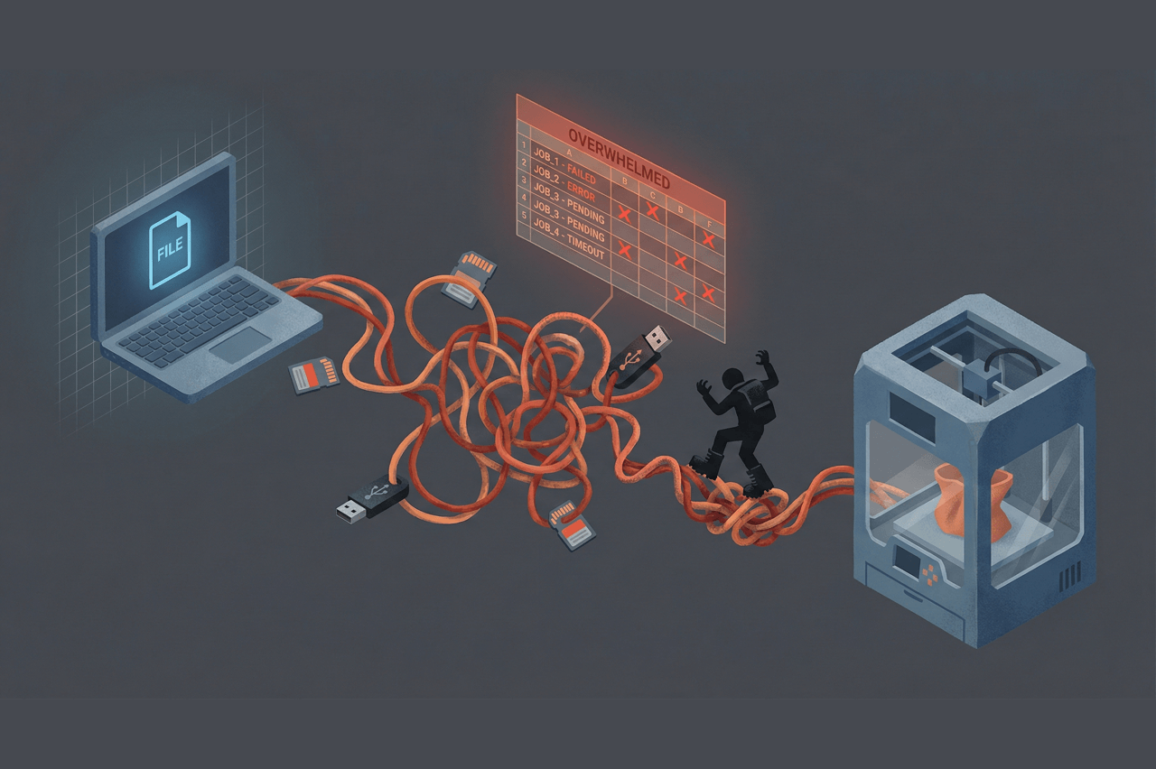 Disconnected Chaos - person tangled in cables between laptop and 3D printer