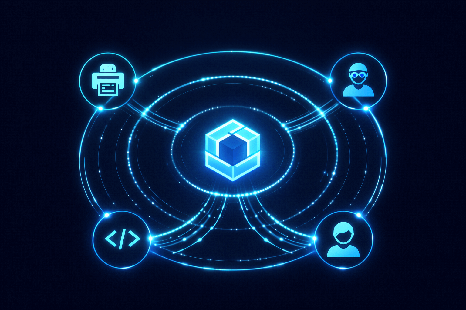 The Operating System - central hub connecting printers, code, and people