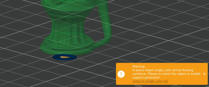 Slicer preview of a model from another AI generator: only a tiny sliver of the base touches the build plate, and the slicer warns the object has a floating cantilever and needs supports or re-orienting