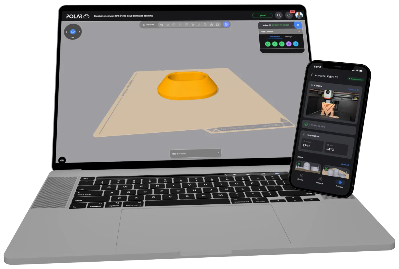 Polar Cloud on a laptop showing a model on an Anycubic build plate with a Kobra S1 ready to print, next to the Polar Cloud mobile app showing the Anycubic Kobra S1 with a live camera view, nozzle and bed temperatures, and the print queue