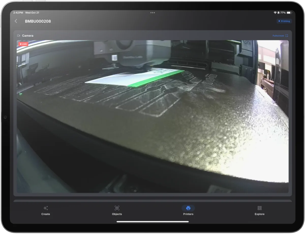 The Polar Cloud app on an iPad showing a live camera feed from a Bambu Lab printer in the middle of a print