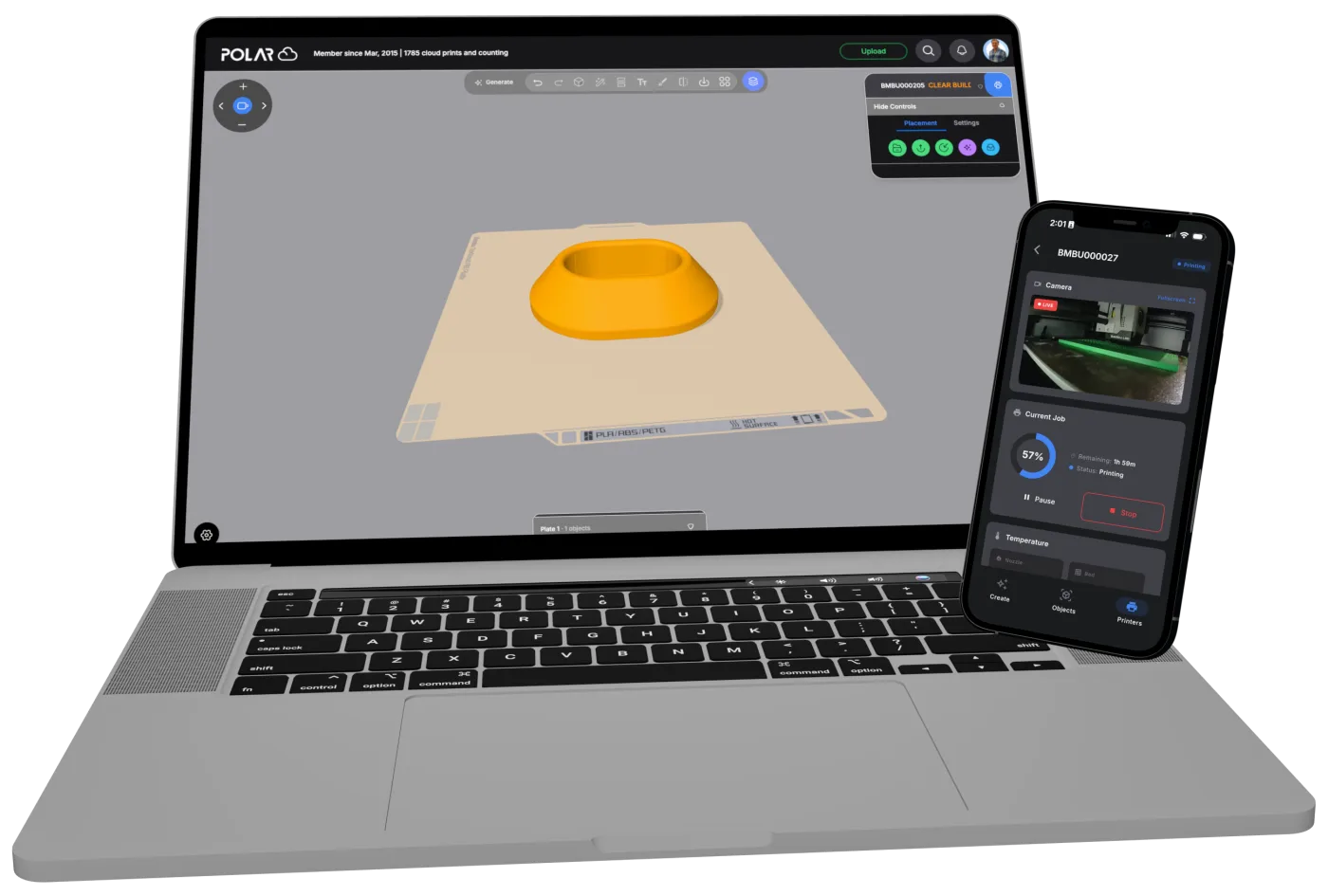 Polar Cloud on a laptop showing a model on a Bambu Lab build plate, next to the Polar Cloud mobile app showing a Bambu Lab printer mid-print at 57 percent, with a live camera view and pause and stop controls