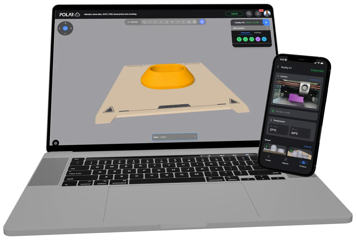 Polar Cloud on a laptop showing a model on a Creality build plate with a Creality K1C ready to print, next to the Polar Cloud mobile app showing a Creality K1 with a live camera view, nozzle and bed temperatures, and the print queue
