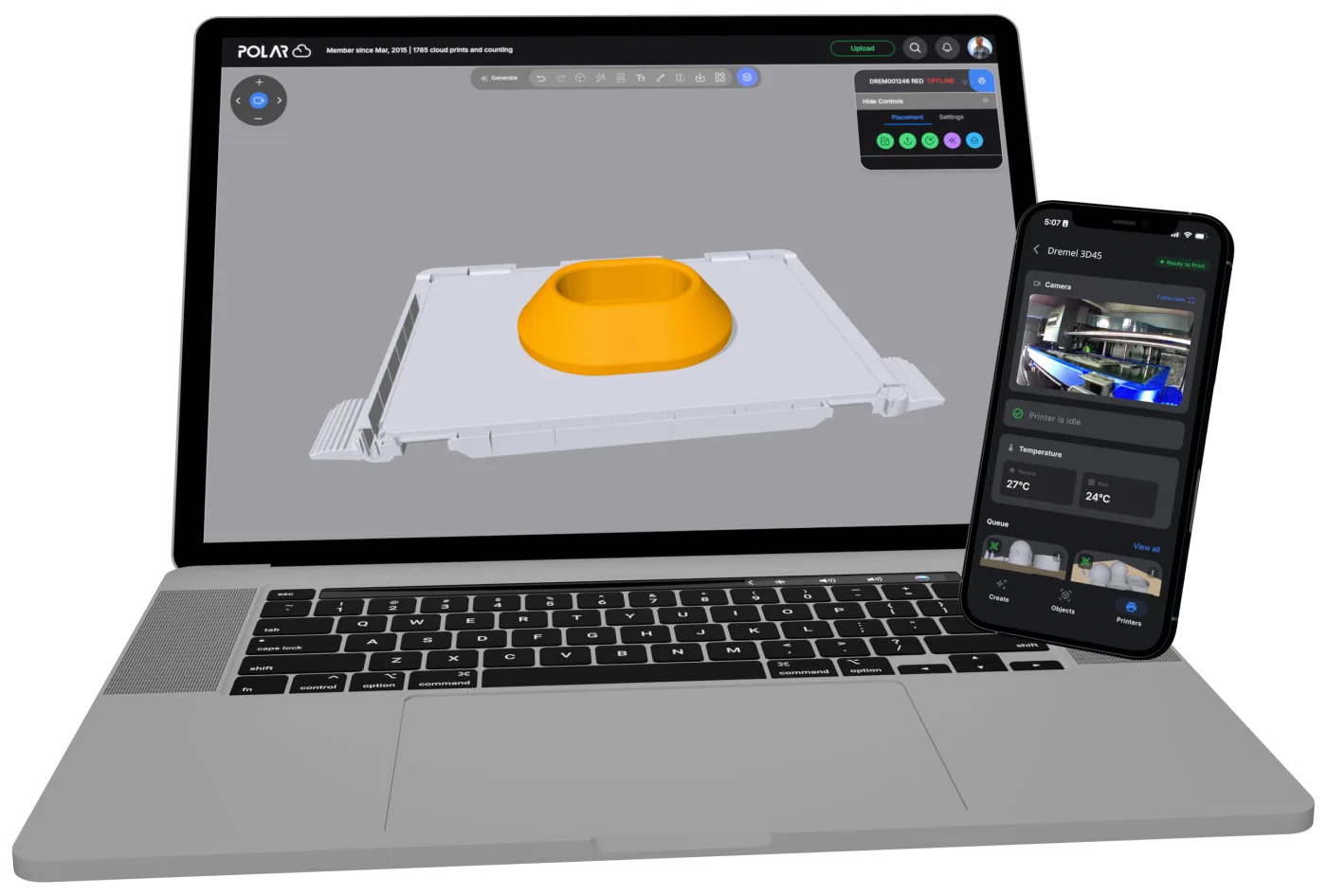 Polar Cloud on a laptop showing a model on a Dremel build plate, next to the Polar Cloud mobile app showing a Dremel 3D45 ready to print, with a live camera view, nozzle and bed temperatures, and the print queue