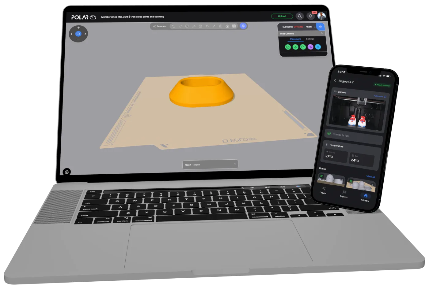 Polar Cloud on a laptop showing a model on an Elegoo build plate, next to the Polar Cloud mobile app showing an Elegoo Centauri Carbon 2 ready to print, with a live camera view, nozzle and bed temperatures, and the print queue
