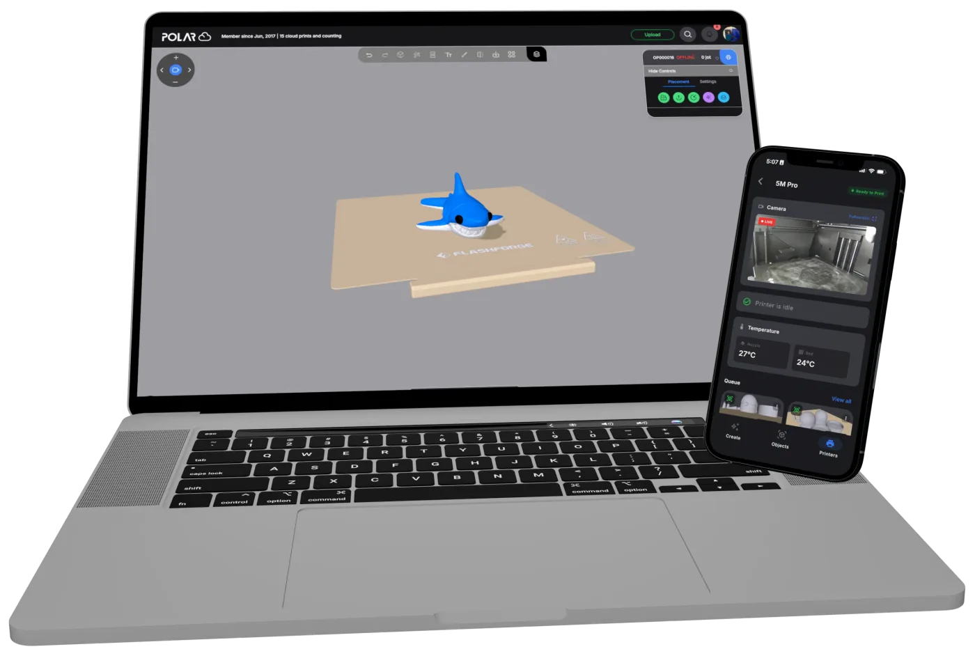 Polar Cloud on a laptop showing a 3D model on a Flashforge build plate, next to the Polar Cloud mobile app showing a Flashforge Adventurer 5M Pro ready to print, with a live camera view, nozzle and bed temperatures, and the print queue