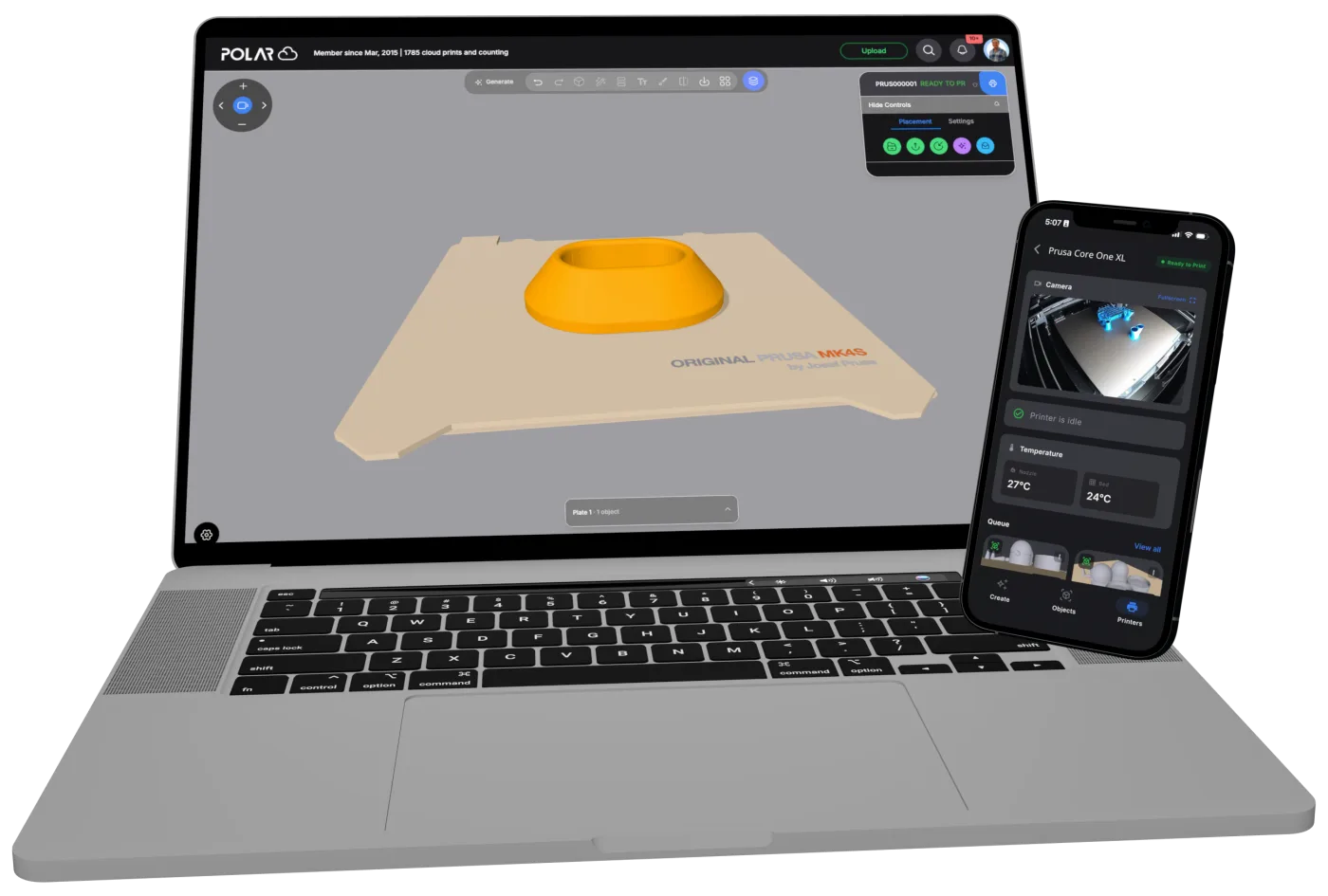 Polar Cloud on a laptop showing a model on an Original Prusa MK4S build plate, next to the Polar Cloud mobile app showing a Prusa printer ready to print, with a live camera view, nozzle and bed temperatures, and the print queue