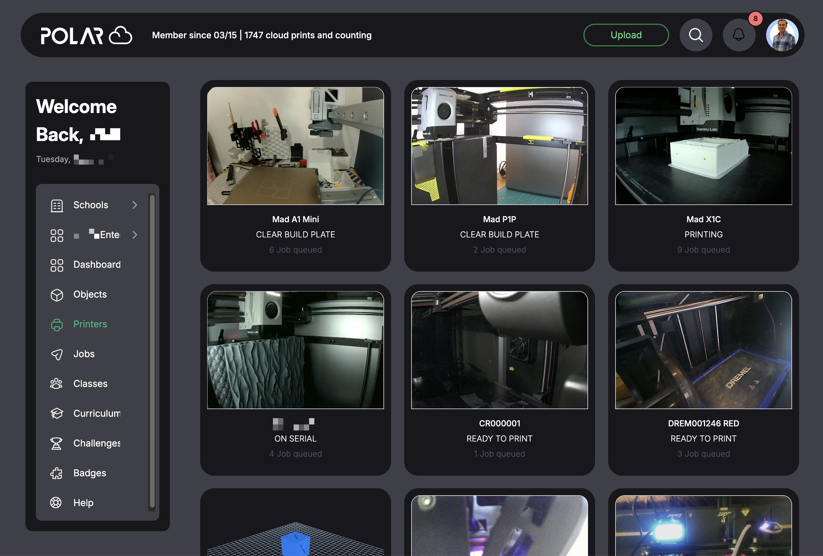 Grid view showing 20 printers monitoring