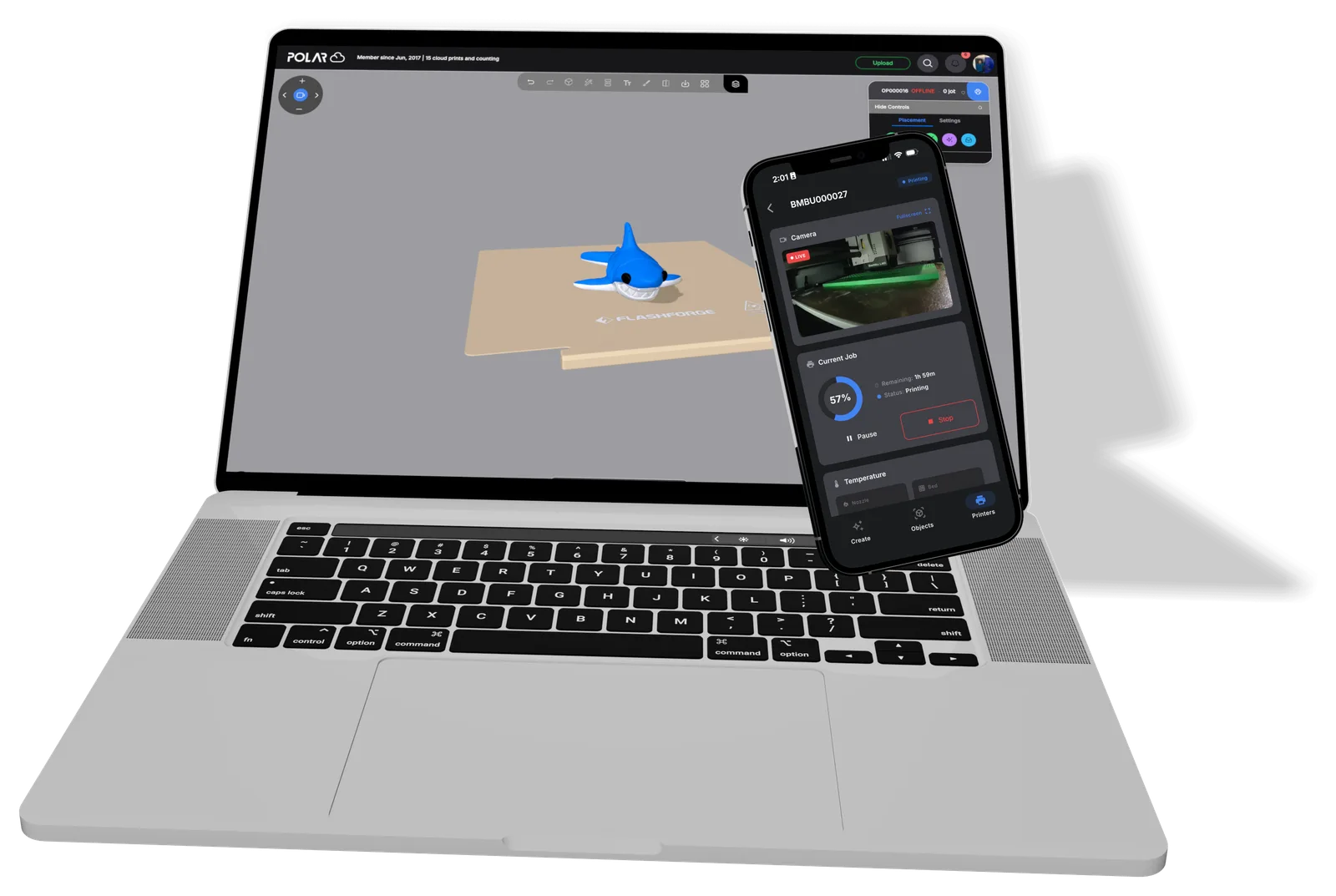 A laptop showing a model on the Polar Cloud build plate, next to a phone running Polar Cloud with a live printer camera, a job 57% complete, and pause and stop controls