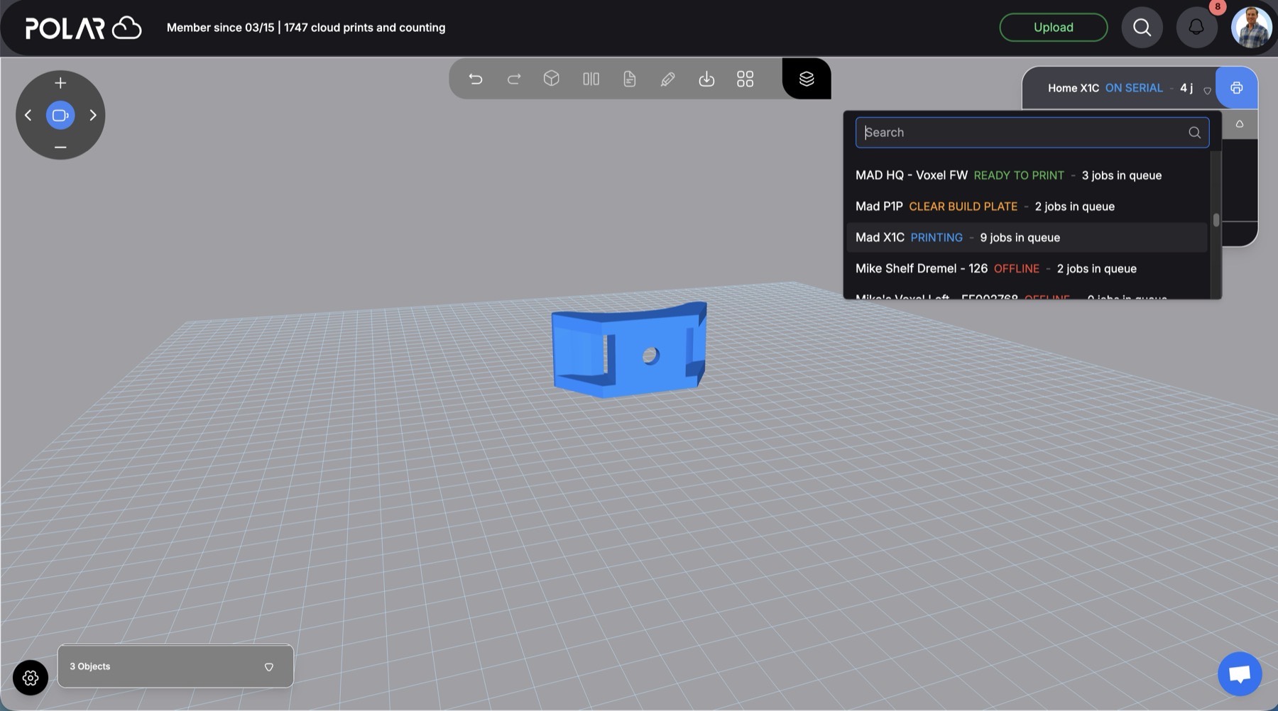 Build Plate, the Polar Cloud web slicer, with a model on the build plate and a printer picker listing several printers and their status