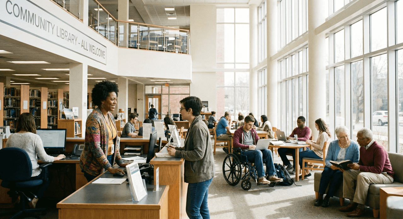 Library makerspace with 3D printers and patrons