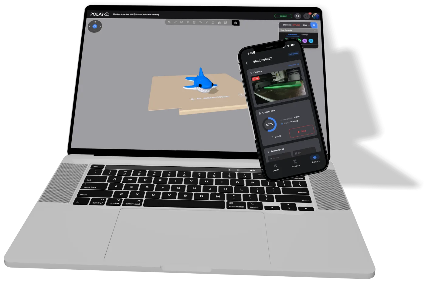 Polar Cloud on a laptop preparing a model on a Flashforge build plate, while the Polar Cloud mobile app on a phone shows a Bambu Lab printer mid-print at 57 percent with a live camera view and pause and stop controls